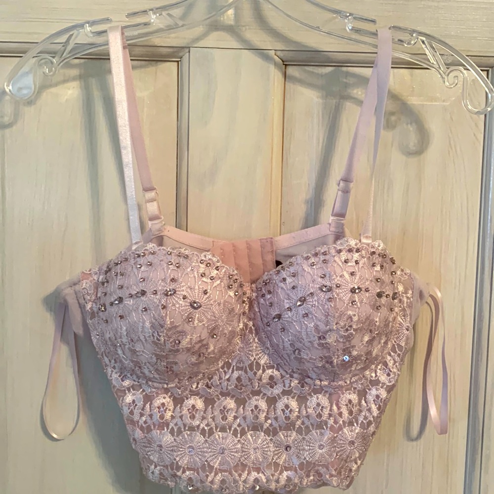 Windsor rhinestone shiny bustier bralette, push up cups, sparkling rose color.